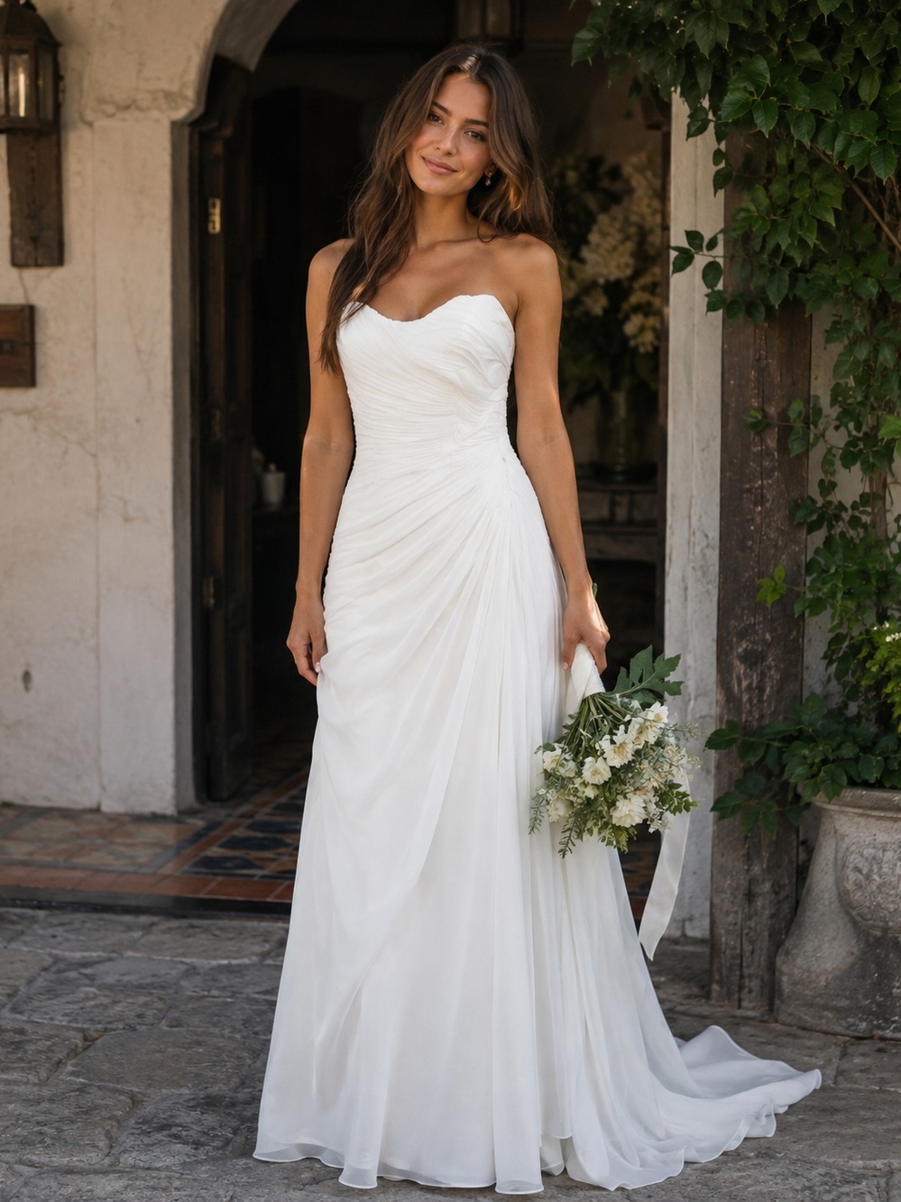 David's Bridal White Strapless Ruched Chiffon Wedding Gown